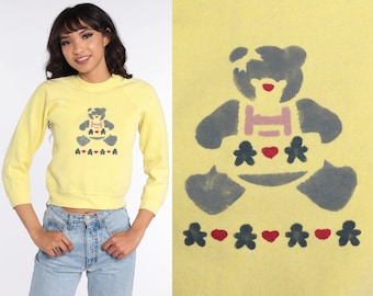 Teddy Bear Sweatshirt 2xs 80s Teddy Bear Print Raglan Sleeve Sweatshirt Pastel Yellow 1980s Kawaii Crewneck Vintage Extra Small 2xs xxs