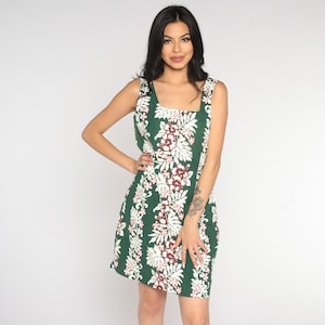 Hawaiian Floral Dress 90s Mini Green Floral Tropical Print Sundress Summer Vintage 1990s Sleeveless Sheath Minidress Aloha White Medium