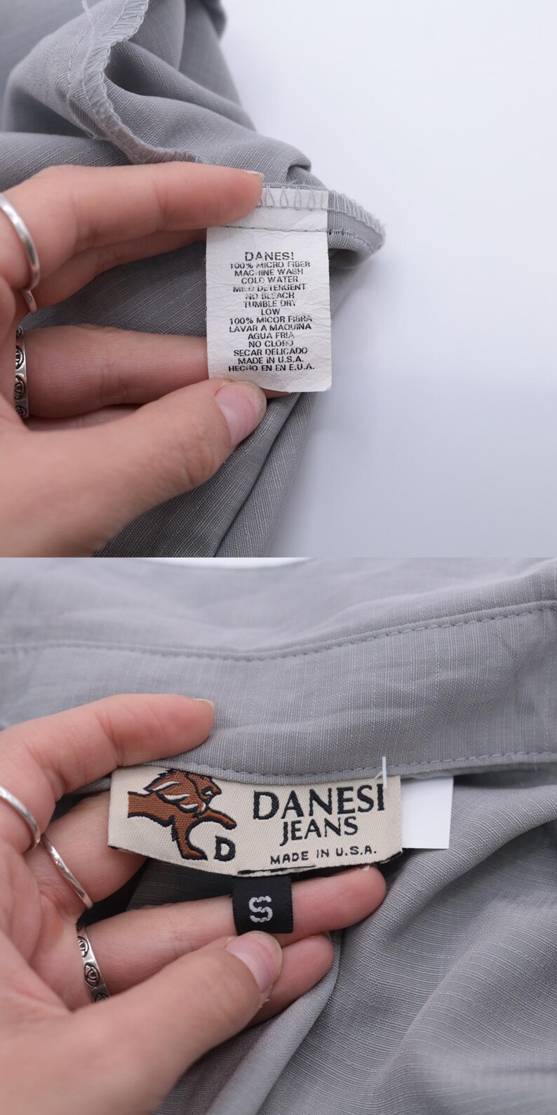 May include: Gray sleeveless top with a small size tag and a label that reads "DANESI JEANS MADE IN U.S.A."