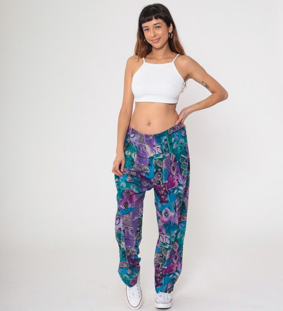90s Parachute Pants Geometric Leaf Print Pants Gold Trim Baggy Lounge Pants Purple Green Abstract Vintage Elastic Waist Casual 1990s 1x