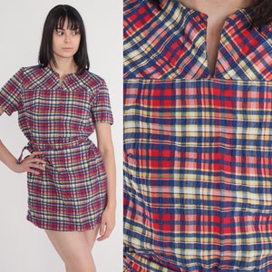 60s Plaid Dress Mod Mini Dress Red Blue Checkered High Waisted Short Sleeve Retro Sixties Summer Day Dress Sundress Vintage 1960s Medium M
