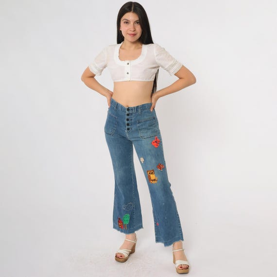 70s Patchwork Bell Bottom Jeans Denim Montgomery Ward High Waist Flare Pants Owl Mushroom Embroidered Patches Hippie Western Vintage Small S