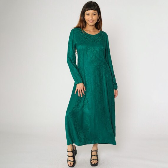 Vintage Jacquard Floral Dress 90s Green Embroidered Beaded A-Line Maxi Long Sleeve Romantic Scoop Neck 1990s Boho Princess Seam Medium 8