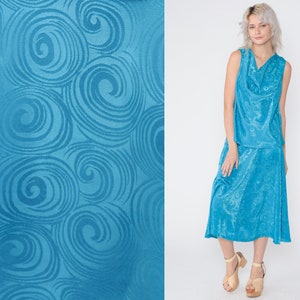 80s Matching Set Skirt Blouse Two Piece Dress Blue Shiny Swirl Print Tank Top Midi Skirt Cowl Neck Shirt Outfit Vintage 1980s Extra Small xs