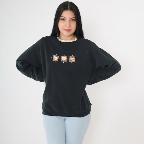Vintage Floral Heart Sweatshirt 90s Black Embroidered Floral Grandma Sweater Pullover Retro Crewneck Morning Sun 1990s Large