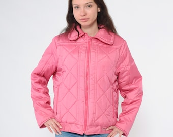 Vintage Pink Puffer Jacket 80s Quilted Ski Jacket Retro Puffy Winter Coat Zip Up 1980s Sportswear Puff Jacket Skiwear Medium