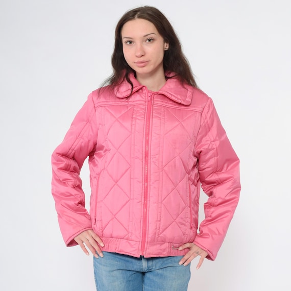 Vintage Pink Puffer Jacket 80s Quilted Ski Jacket Retro Puffy Winter Coat Zip Up 1980s Sportswear Puff Jacket Skiwear Medium