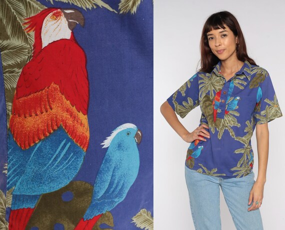 Tropical Polo Shirt 80s Ocean Pacific Hawaiian Blouse Button Up Leaf Palm Tree Parrot Print Vintage Surfer Vacation Short Sleeve Top Small S
