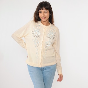 Vintage Beaded Cardigan 60s 70s Cream Wool Angora Sequin Button Up Knit Sweater Retro Sparkly Beadwork Sweater Girly Knitwear 1960s 46 xl