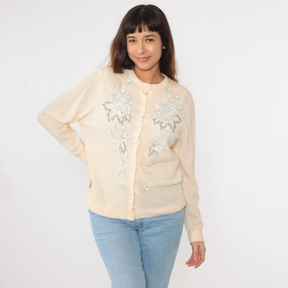 Vintage Beaded Cardigan 60s 70s Cream Wool Angora Sequin Button Up Knit Sweater Retro Sparkly Beadwork Sweater Girly Knitwear 1960s 46 xl