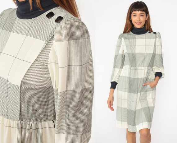 80s Cream Checkered Dress Puff Sleeve Dress Black Turtleneck Midi Secretary Dress Puffy High Waisted 1980s Retro Vintage Small Petite 6