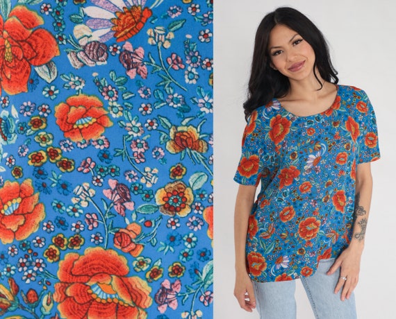 Floral Blouse Y2K Blue Pullover Shirt Flower Print Short Sleeve Top Buttonless Orange Retro Preppy Summer Bohemian Vintage 00s Medium