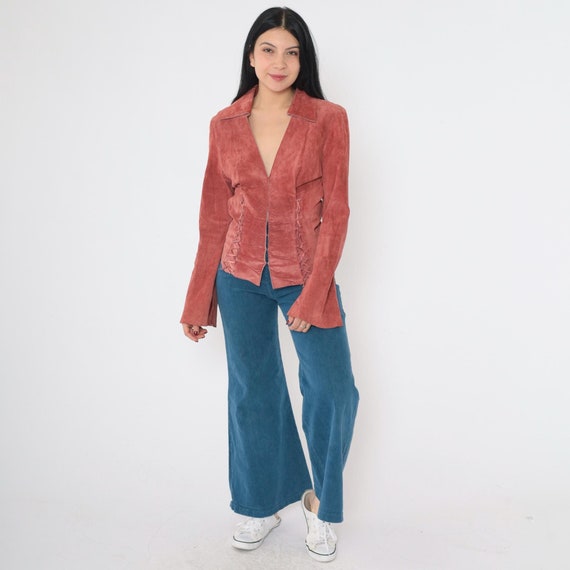 Bell Sleeve Suede Jacket Dusty Coral Leather Jacket Y2K Style Corset Lace Up Deep V Neck Retro Coat Collared Vintage Small S