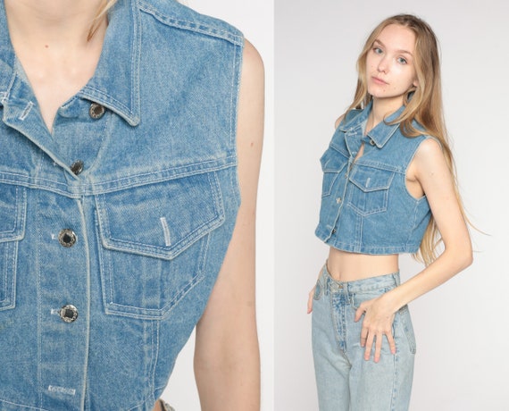 90s Cropped Denim Vest Blue Jean Crop Top Sleevel… - image 1