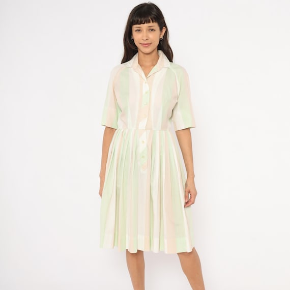 Pastel Striped Shirtdress 60s Mint Green Pink Button Front Pleated Skirt Cotton Blend Collar Knee Length Vintage Shirt Dress Medium M