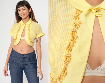 60s Yellow Bolero Jacket Floral Embroidery Peter Pan Collar