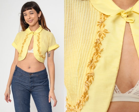 60s Yellow Bolero Jacket Floral Embroidery Peter Pan Collar