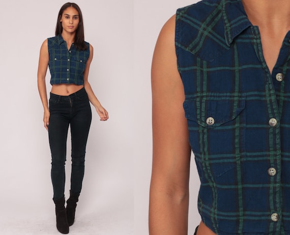 Sleeveless FLANNEL Shirt BACKLESS 90s Blue PLAID Flannel Vest Grunge Top 1990s Button Up Lumberjack Vintage Open Back Large