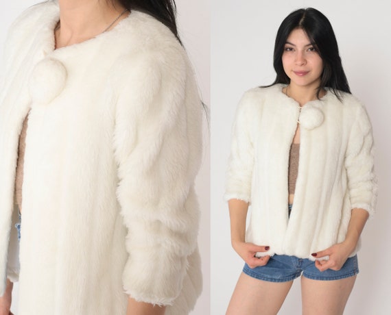 White Faux Fur Jacket 90s Open Front Coat Boho Po… - image 1