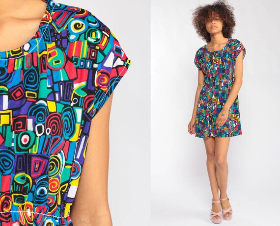 Geometric Dress 70s Mini Psychedelic Swirl Print Hippie KEYHOLE 1970s Boho Cap Sleeve Vintage Bohemian High Waist Minidress Small Medium