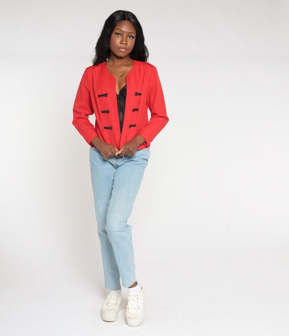 Red Blazer Jacket 80s Cropped Jacket Open Front Retro Boho Preppy Decorative Button Formal Marching Band Cocktail Vintage 1980s Small S Etsy