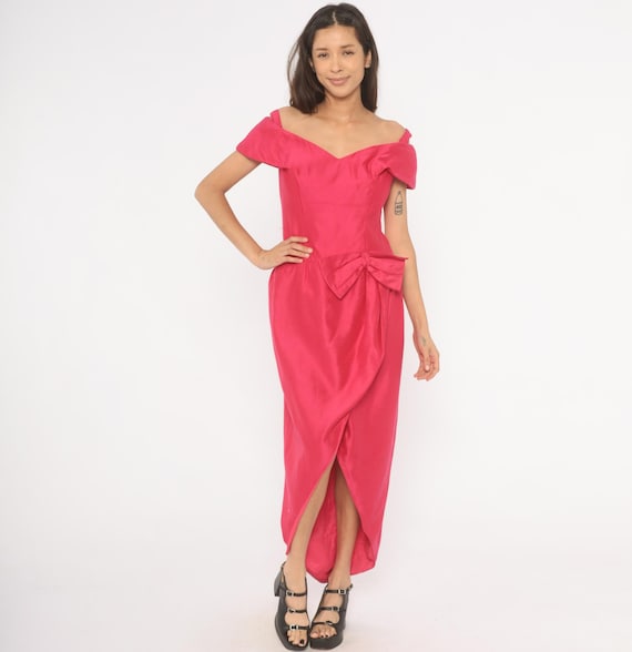 Hot Pink Off Shoulder Bow Gown 80s Maxi Fuchsia Tulip Skirt Sweetheart Neck Formal Prom Party Rose Magenta Evening Dress Going Out Large L