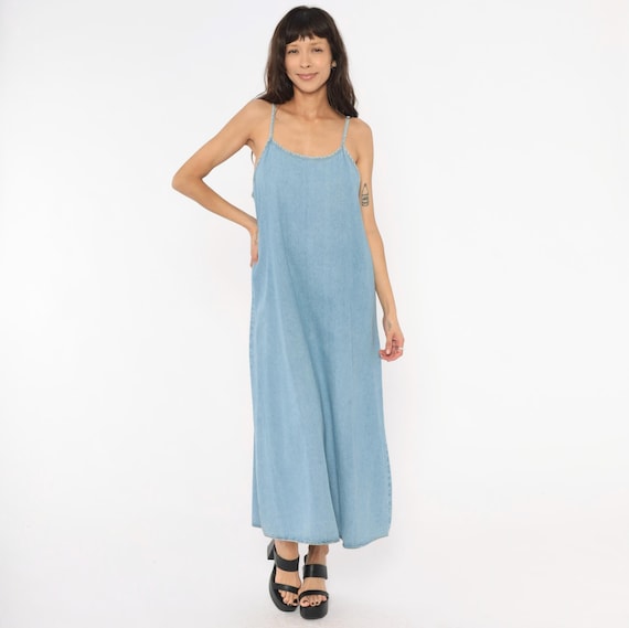 90s Denim Dress Light Blue Cotton Maxi Spaghetti Strap Scoop Neck Chambray Loose Fit Summer Sundress A Line Vintage Sleeveless Shift Medium