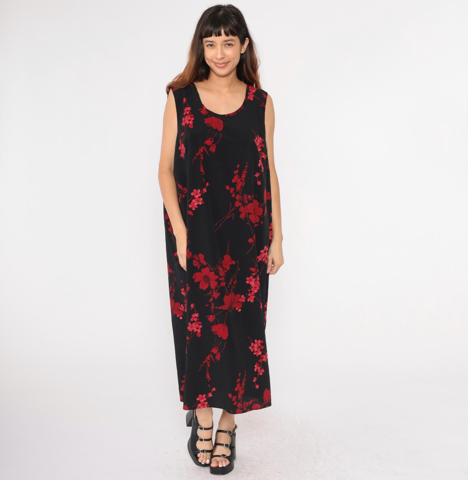 Vintage Red Floral Printed 90s Dress S