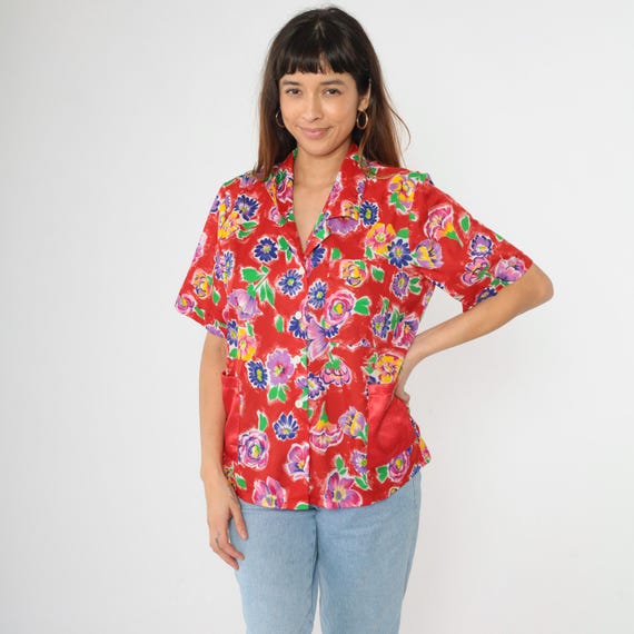 90s Flower Blouse Red Button Up Shirt Satin Pocket Short Sleeve Collared Top Purple Floral Print Retro Summer Vintage 1990s Medium