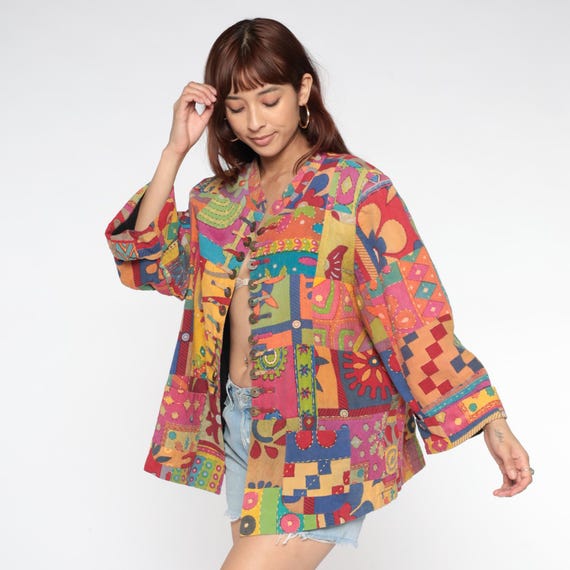 Rainbow Patchwork Jacket Y2K Colorful Hippie Psyc… - image 4