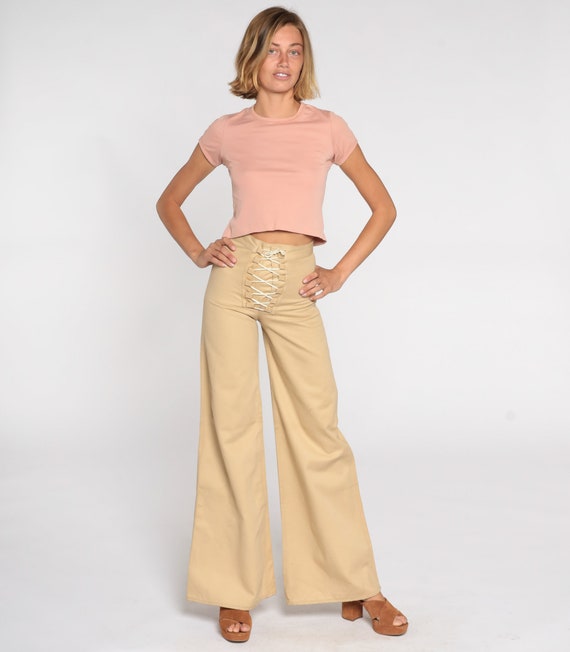 Corset Bell Bottoms Pants 70s Boho Hippie Tan Lac… - image 3