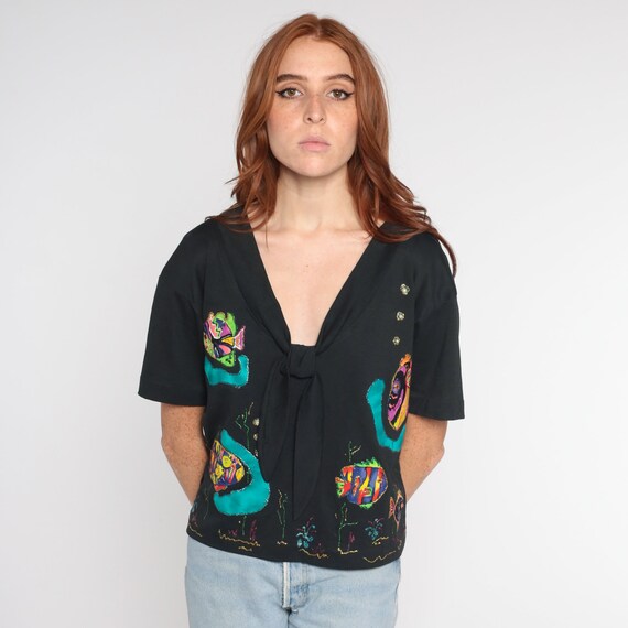 Tropical Fish Shirt 90s Black Ascot Blouse Glitter Pearls Secretary Top Necktie Retro Short Sleeve Bow Neck Artsy Boho Vintage 1990s Large L
