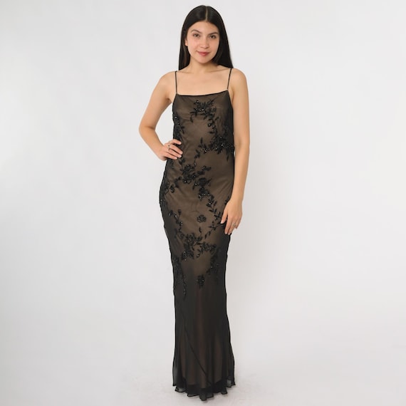 Silk Beaded Dress Evening Y2K Black Sheer Slip Gown Maxi Length Formal Partywear Nightgown Marina Bresler Cocktail Size 4 Small S