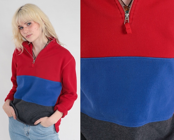 80s Quarter Zip Shirt Striped Pullover Sweatshirt Red Blue Grey Color Block Long Sleeve Retro Streetwear Sporty Vintage 1980s Pacers Small S