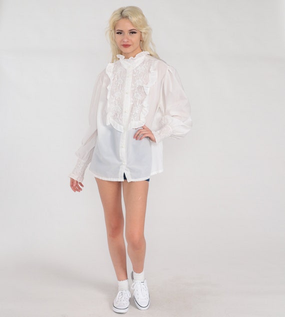 Victorian Blouse 70s Semi-Sheer White Button Up T… - image 3