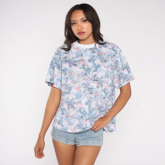 90s Glitter Top Abstract Print T-Shirt Blue Pink Gray Pastel Cotton Short Sleeve Crew Neck Relaxed Fit Vintage Streetwear Summer Small S