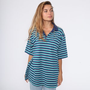 Blue Polo Shirt 80s Striped Half Button Up Shirt Retro Collared Shirt Turquoise Blue White 1980s Nerd Vintage Short Sleeve Men&#39;s Large xl