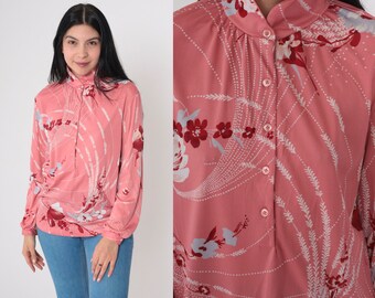 70s Pink Floral Blouse Half Button Up Top Disco Shirt High Mock Neck Flower Wheat Print Boho Hippie Groovy Long Sleeve Vintage 1970s Medium