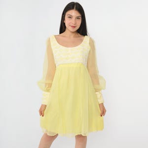 60s Chiffon Lace Babydoll Dress Yellow Party Mini Vintage 70s Cocktail Boho Empire Waist Bohemian Hippie White Scoop Neck Medium 8