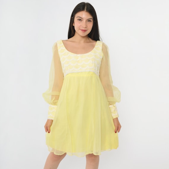 60s Chiffon Lace Babydoll Dress Yellow Party Mini Vintage 70s Cocktail Boho Empire Waist Bohemian Hippie White Scoop Neck Medium 8