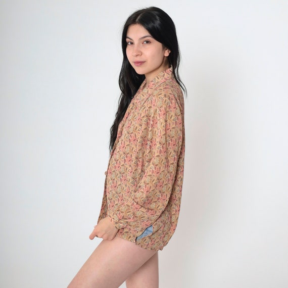 90s Tan Floral Blouse Pink Abstract Button Up Shirt Long Sleeve Top Grunge Boho 1990s Vintage Flower Print Collared Medium