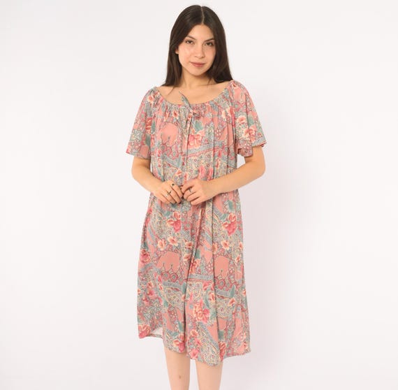 80s Pink Floral Paisley Dress Flutter Short Sleeve Patchwork Print Teal Tent Cottagecore Summer Garden Party Loungewear Vintage Plus Size 3X