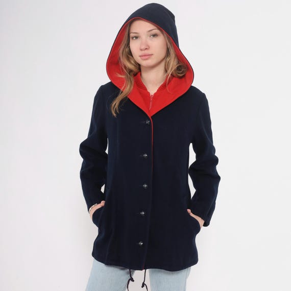 70s Hooded Wool Coat Navy Blue Red Trim Button Front Vintage Jacket Hip Length Two Tone Contrast Hood Winter Outerwear Medium M