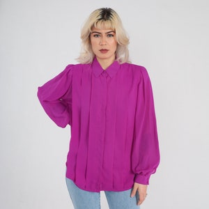 Fuchsia Blouse 80s Pink Hidden Button Up Top Pleated Formal Preppy Collared Shirt Long Puff Balloon Sleeve Simple Vintage 1980s Large 12 image 4