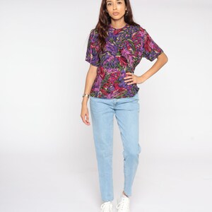 Feather Print Shirt Slouchy Purple Boho Top 80s Graphic Shirt Bohemian Hippie Shirt Retro Top 1980s Vintage T Shirt Medium image 3