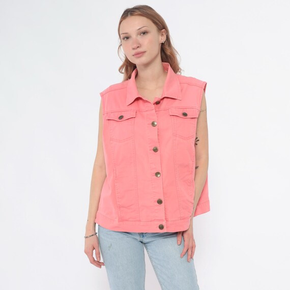 Pink Denim Vest 90s Coral Jean Jacket Button Front Sleeveless Collar Chest Pockets Cotton Vintage Cropped Women Western Rodeo Extra Large XL