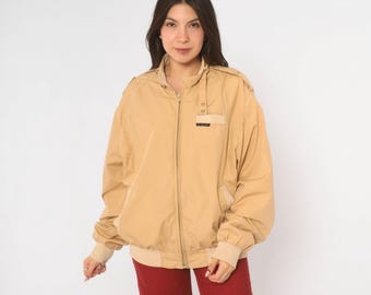 80s Members Only Bomber Jacket Beige Tan Zip Front Cotton Epaulets Ribbed Cuffs Khaki Harrington Windbreaker Unisex Vintage Medium M