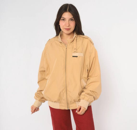 80s Members Only Bomber Jacket Beige Tan Zip Front Cotton Epaulets Ribbed Cuffs Khaki Harrington Windbreaker Unisex Vintage Medium M