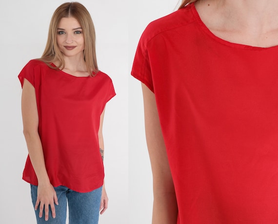 Plain Red Top 90s Blouse Cap Sleeve Shirt Basic Simple Solid Casual Retro Tee Minimalist Summer Semi-Sheer Retro TShirt Vintage 1990s Medium