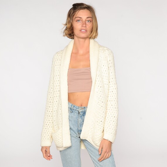 Vintage Cream Wrap Cardigan 70s Boho Sweater Sheer Slouchy Knit 1970s Slouch Retro Bohemian Plain Sweater Small Medium Large